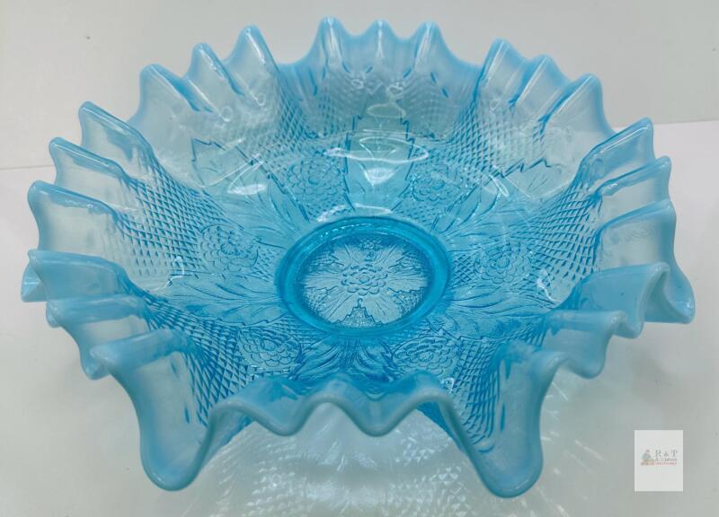 Antique Jefferson Glass Blue Opalescent Ruffled Bowl, Leaf and Diamonds Pattern, Circa 1907