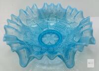 Antique Jefferson Glass Blue Opalescent Ruffled Bowl, Leaf and Diamonds Pattern, Circa 1907