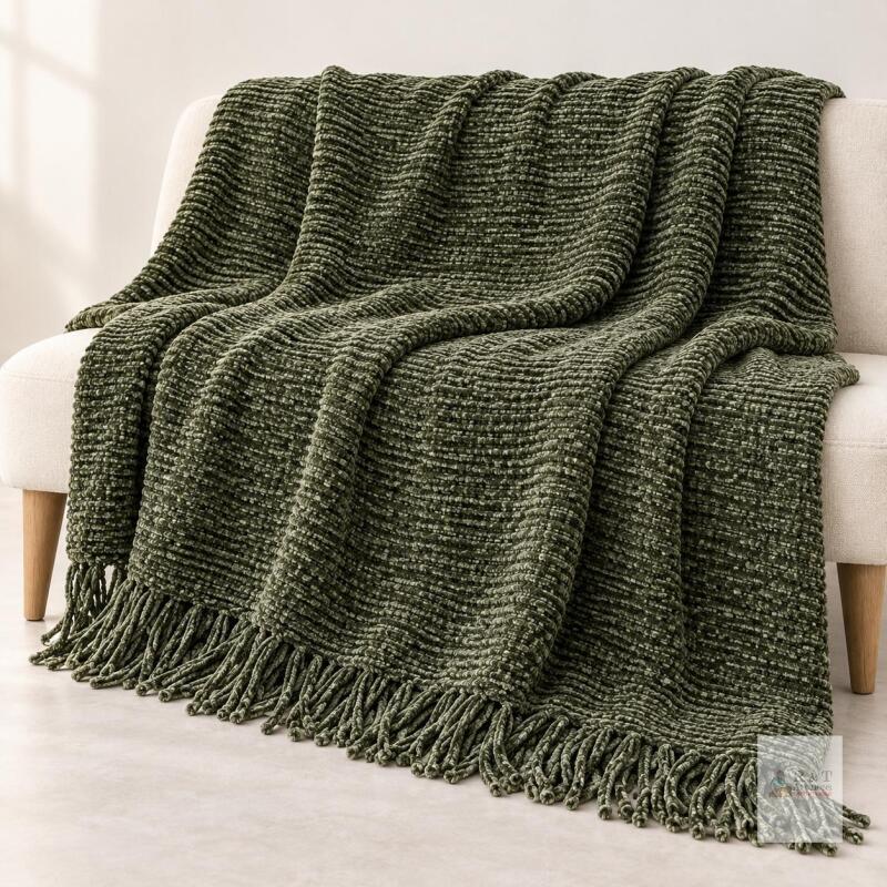 NEW Very Soft Olive-Green Fringed Blanket, 64&Prime; &times; 96&Prime;