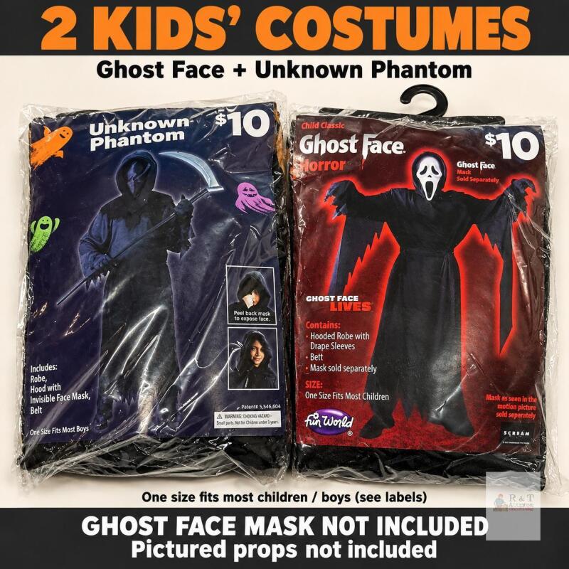 2 Kids&rsquo; Halloween Costumes: Ghost Face & Unknown Phantom, One Size Ghost Face mask and pictured props not included.