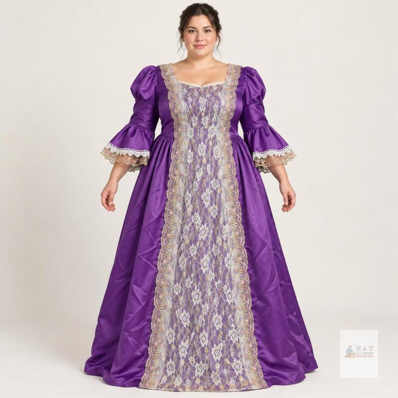 New Size 3XL Purple Renaissance-Style Costume Dress with Floral Lace