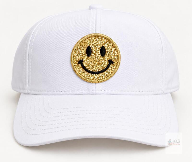 New Adult White Mesh Trucker Hat with Gold Sequin Smiley Face