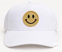 New Adult White Mesh Trucker Hat with Gold Sequin Smiley Face