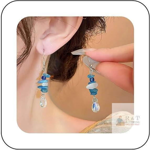 New Boho Blue & White Stone-Style Dangle Earrings with Crystal Drops