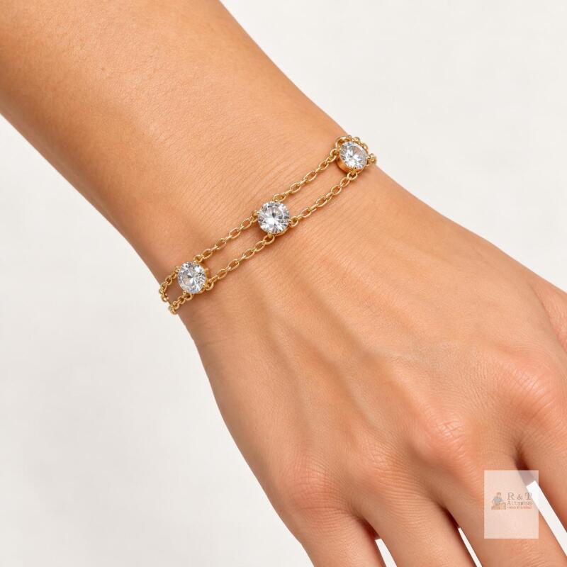 NEW Double Chain with Three Round Stones, Lobster Clasp, 7&ndash;7.5 Inches Long