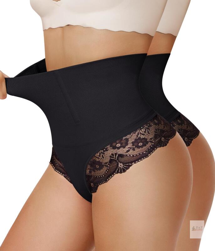 New Nebility Black Lace-Trim Tummy Control Thongs, Medium, 2-Pack