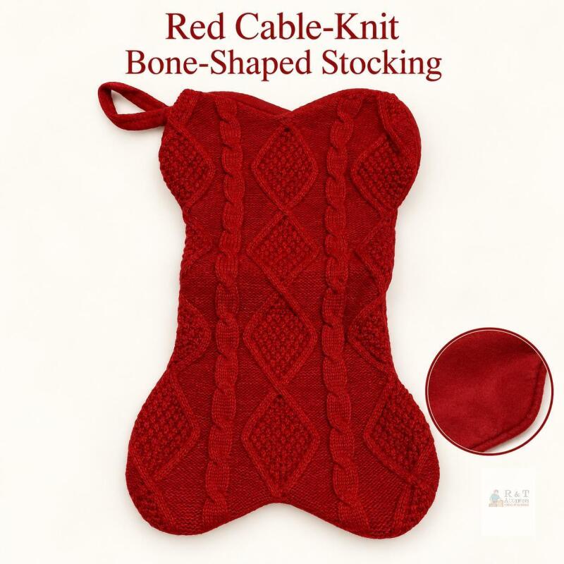 New Furbaby Red Cable-Knit Bone-Shaped Christmas Stocking