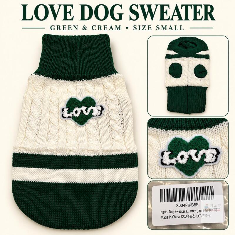 New Green & Cream LOVE Cable-Knit Dog Sweater &ndash; Size Small