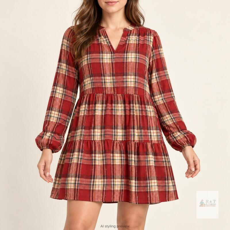 New FANCYINN Red & Apricot Plaid Tiered Dress, Size Small