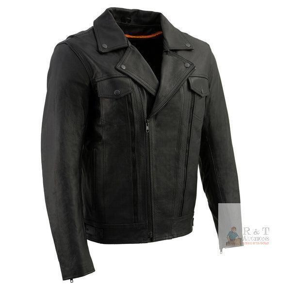 New Size L Men's Black Leather Motorcycle Jacket with Zip-Out Liner and Ventilation System