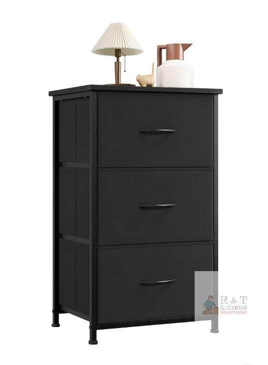 NEW Eunos Black Nightstand with 3 Removable Fabric Drawers, Steel Frame, and Adjustable Feet