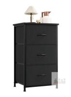 NEW Eunos Black Nightstand with 3 Removable Fabric Drawers, Steel Frame, and Adjustable Feet