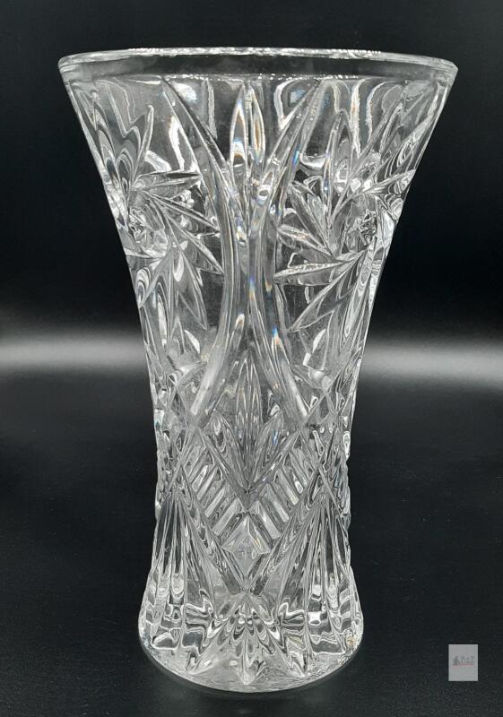 8" Cut Crystal Vase &ndash; Deep Floral & Geometric Pattern, Clear Lead Crystal,