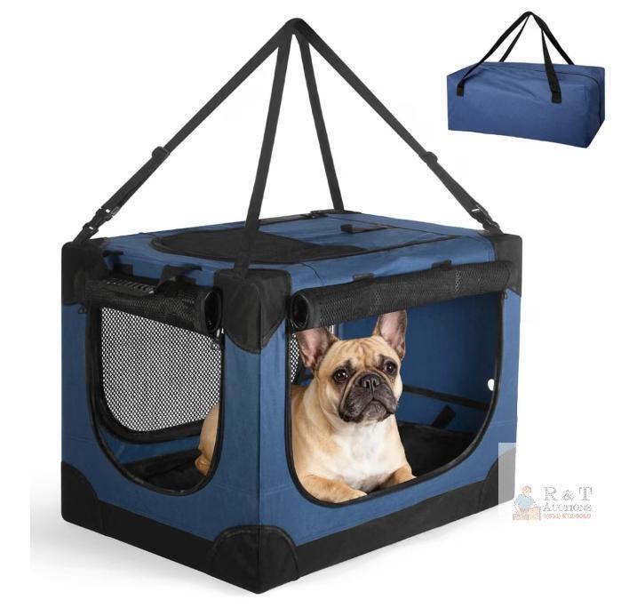NEW 24"x17"x17" Collapsible Soft Dog & Cat Crate, Blue, Max Weight 35 lbs, Mesh Vents, Storage Bag