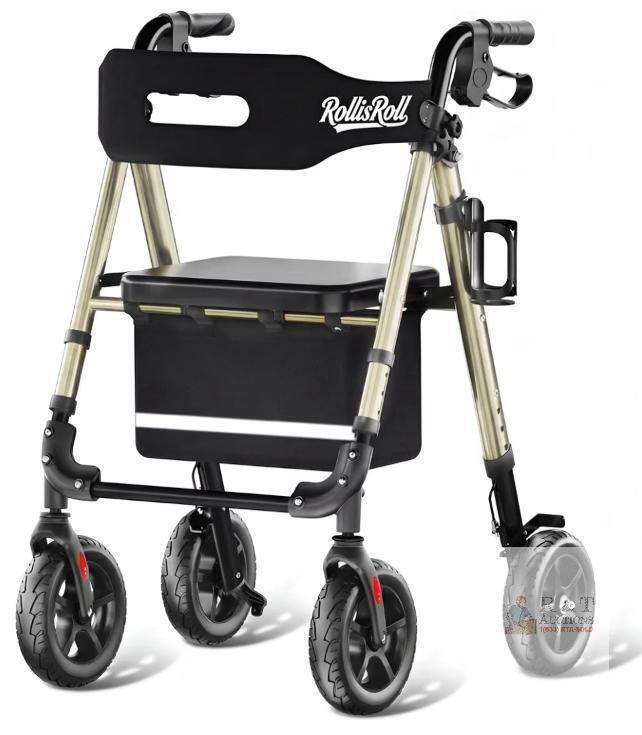 NEW RollisRoll A42031W8 All-Terrain Folding Rollator Walker, 8" Wheels, 350lb Capacity, Gold Frame