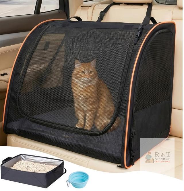 NEW Large Soft-Sided Cat Carrier with Portable Litter Box and Accessories, Black with Orange Trim