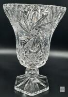 Cut Lead Crystal Pedestal Vase, Starburst & Fan Design, Hexagonal Base, 9-In Tall Approximate