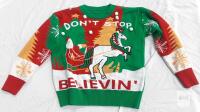 NEW Don't Stop Believin' Santa Horse Ugly Christmas Sweater, Pom-Poms, Red Green Crew Neck, Long Sleeve