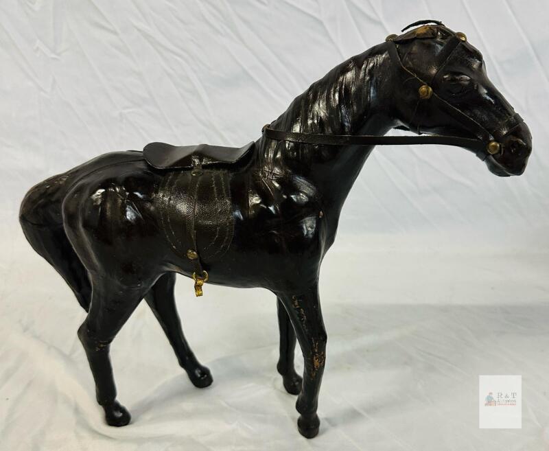 Vintage Leather-Wrapped Model Horse Figurine with Saddle and Bridle, 12"