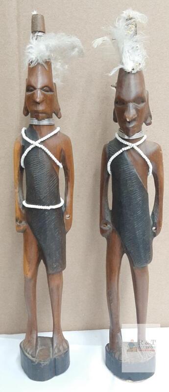 Hand-Carved Maasai Warrior Figurines, 16' Tall, Jacaranda Wood, Beaded Accents