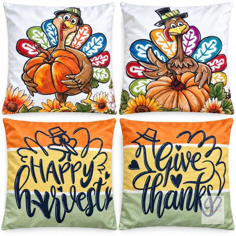 New Set of 4 Double-Sided Thanksgiving Cushion Covers &ndash; 18&Prime; &times; 18&Prime;