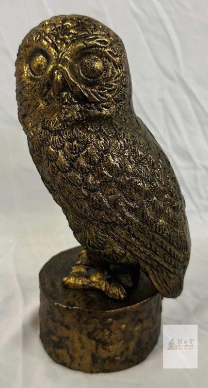 Brass Owl Figurine Sculpture, 8.5" Tall, Detailed Feathers, Circular Base