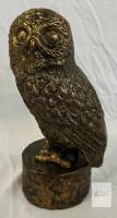 Brass Owl Figurine Sculpture, 8.5" Tall, Detailed Feathers, Circular Base