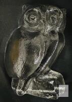 Clear Molded Glass Owl Figurine/Paperweight, Stylized Textured Design, Approx. 5.5" Tall