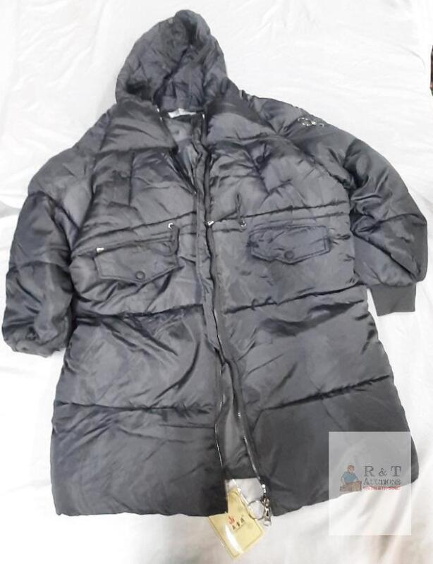 new YU GAO XUE FEI XXL Black Long Down Puffer Jacket Hooded, Front Zip, Flap Pockets