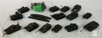 Lot of 14 Vintage Plastic Military Tank Models, 1:72-1:87 Scale w/ Bridge & Spare Parts Bag