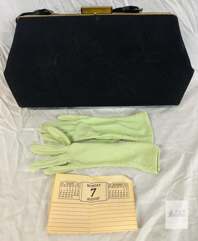 Black Suede 1960s Handbag with Gold Clasp, Floral Embroidery, Mint Green Gloves Included