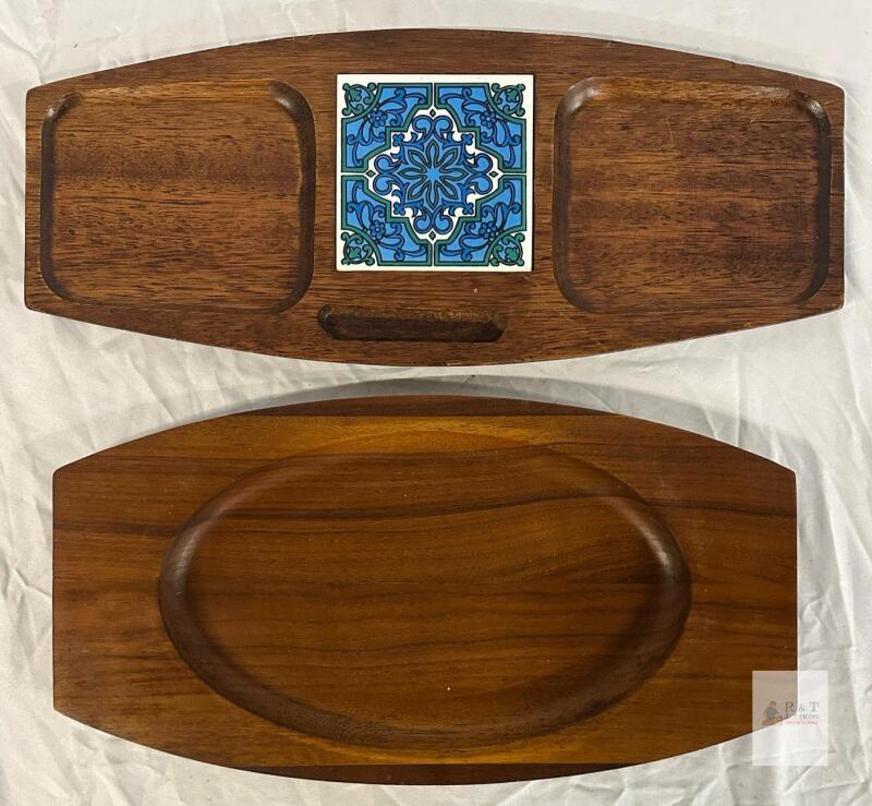 Imperial Japan Hand-Carved Wooden Serving Trays with Tile Inlay, Mid-Century Modern