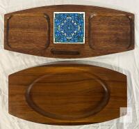 Imperial Japan Hand-Carved Wooden Serving Trays with Tile Inlay, Mid-Century Modern