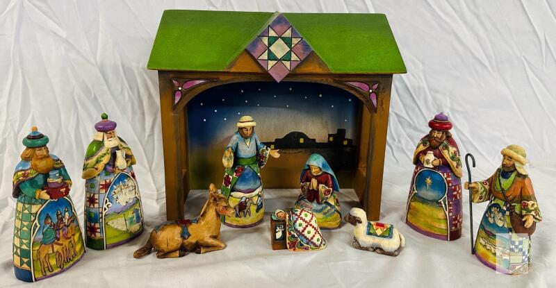 Jim Shore Hand-Painted Nativity Set Folk Art Quilt Motif &ndash;