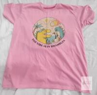 New Adult Unisex Pink Graphic T-shirt with Dinosaur Design and "THE VIBE IS IN SHAMBLES" Text