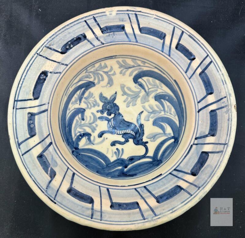 Decorative Blue and White Tin-Glazed Earthenware Charger with Animal Motif,