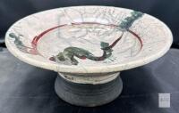 Asian Ceramic Pedestal Bowl with Dragon Motif and Crackle Glaze