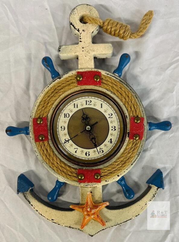 Nautical Wall Clock Anchor Ship Wheel Rope Design, Quartz Analog, Resin Maritime Decor
