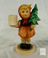 Goebel Hummel Candleholder Figurine, Girl with Tree, Blue V-Bee Mark, West Germany, 3.5"