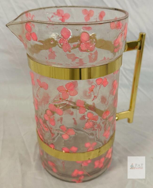 Vintage Glass Water Pitcher with Pink Floral Design and Gold Metal Handle