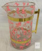 Vintage Glass Water Pitcher with Pink Floral Design and Gold Metal Handle