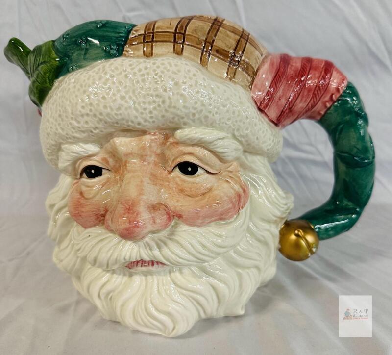 Fitz and Floyd Santa Face Pitcher 1992, Patchwork Hat, Ceramic, Taiwan, 7" Hand Painted