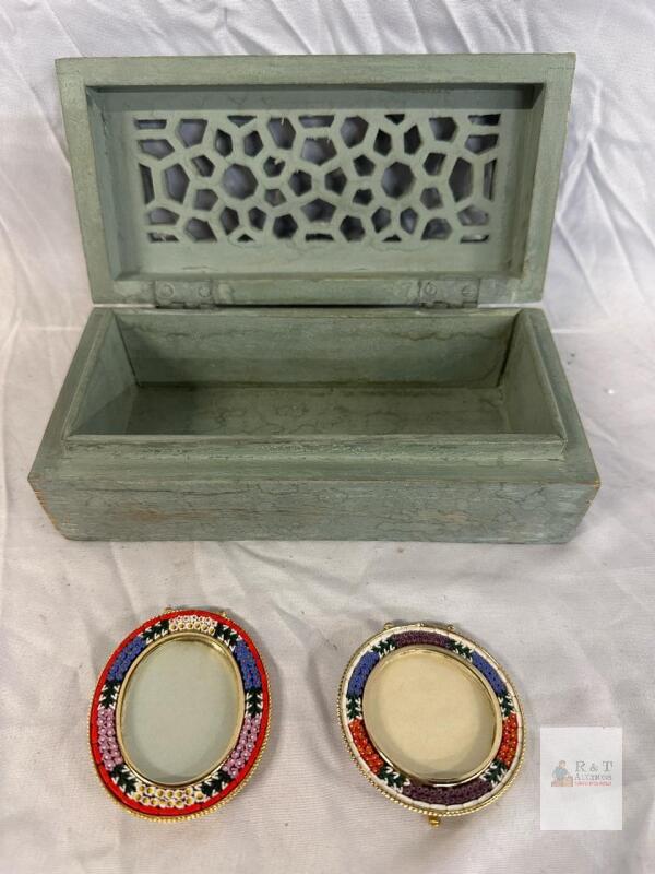 Pair Italian Micro Mosaic Floral Oval Picture Frames with Vintage Carved Wooden Jewelry Box