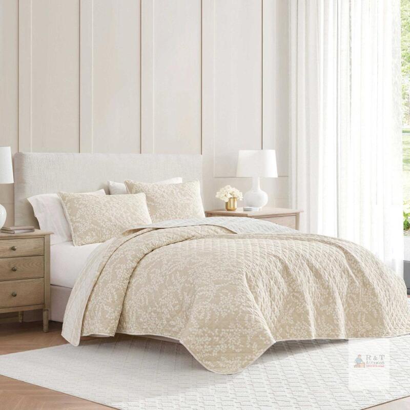 NEW Martha Stewart Full/Queen Cotton Quilt Set, Beige Floral, 1 Quilt & 2 Shams, Machine Washable