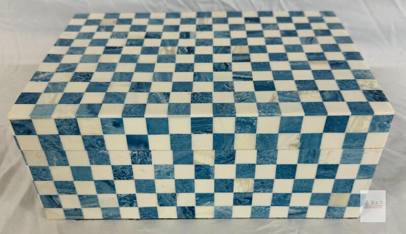 Blue & White Checkered Inlay Decorative Jewelry Box, Hinged Lid, Black Velvet Interior, 10"x7"x4"