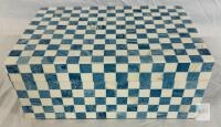 Blue & White Checkered Inlay Decorative Jewelry Box, Hinged Lid, Black Velvet Interior, 10"x7"x4"