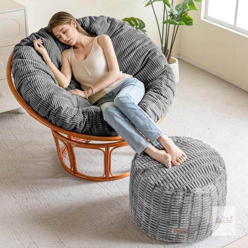NEW Gray Corduroy Pouf Ottoman by Integeau &ndash; Removable Cover, Non-Slip Bottom