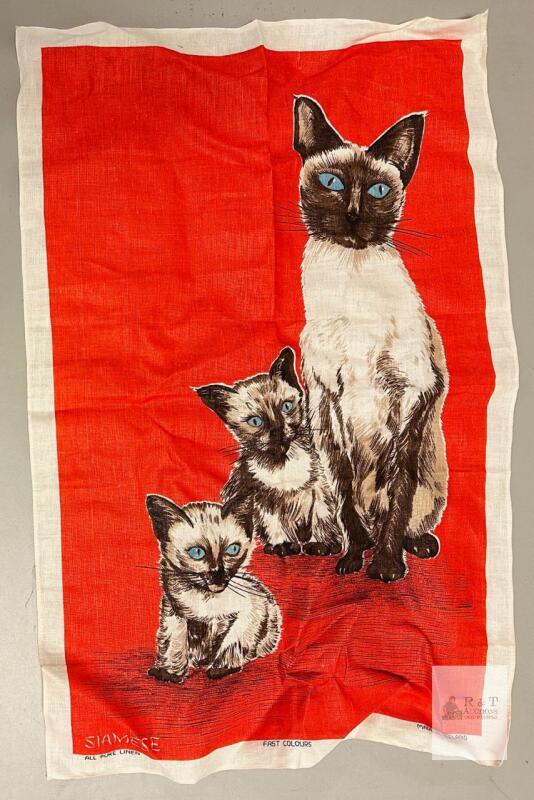 Ulster Irish Pure Linen Siamese Cat Tea Towel, Red, 20X31 in, Vintage Collectible