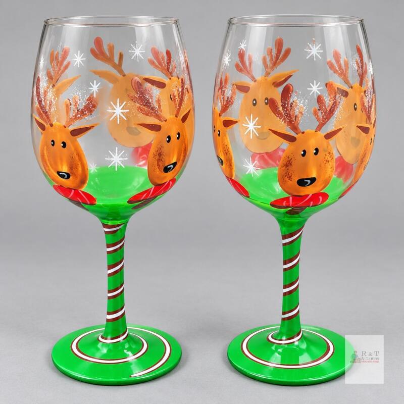 Pair of Pier 1 Christmas Reindeer Goblets