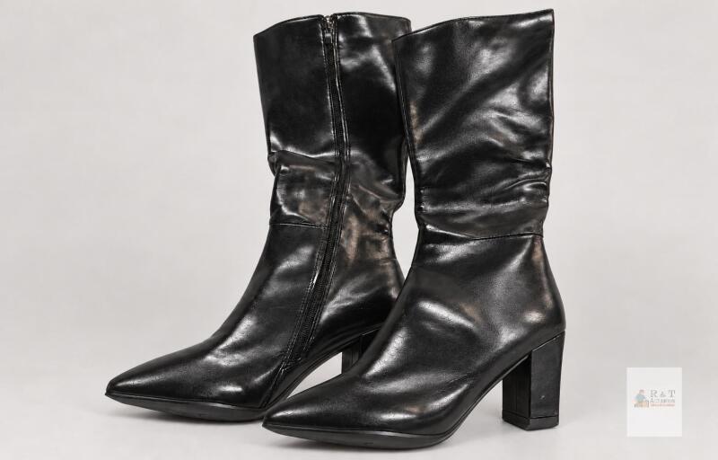 New Black Tall Zip-Side Boots with Block Heels &ndash; Size 40